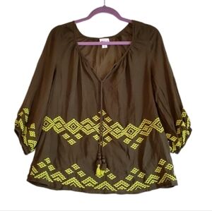 Stylus Hunter Green‎ Lime Stitching Details Smocktop Cotton Top Small Pre-owned